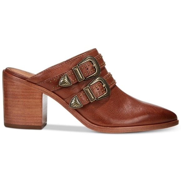 FRYE Flynn Belted Pointed Toe Studded Leather Mule sz 10 cognac